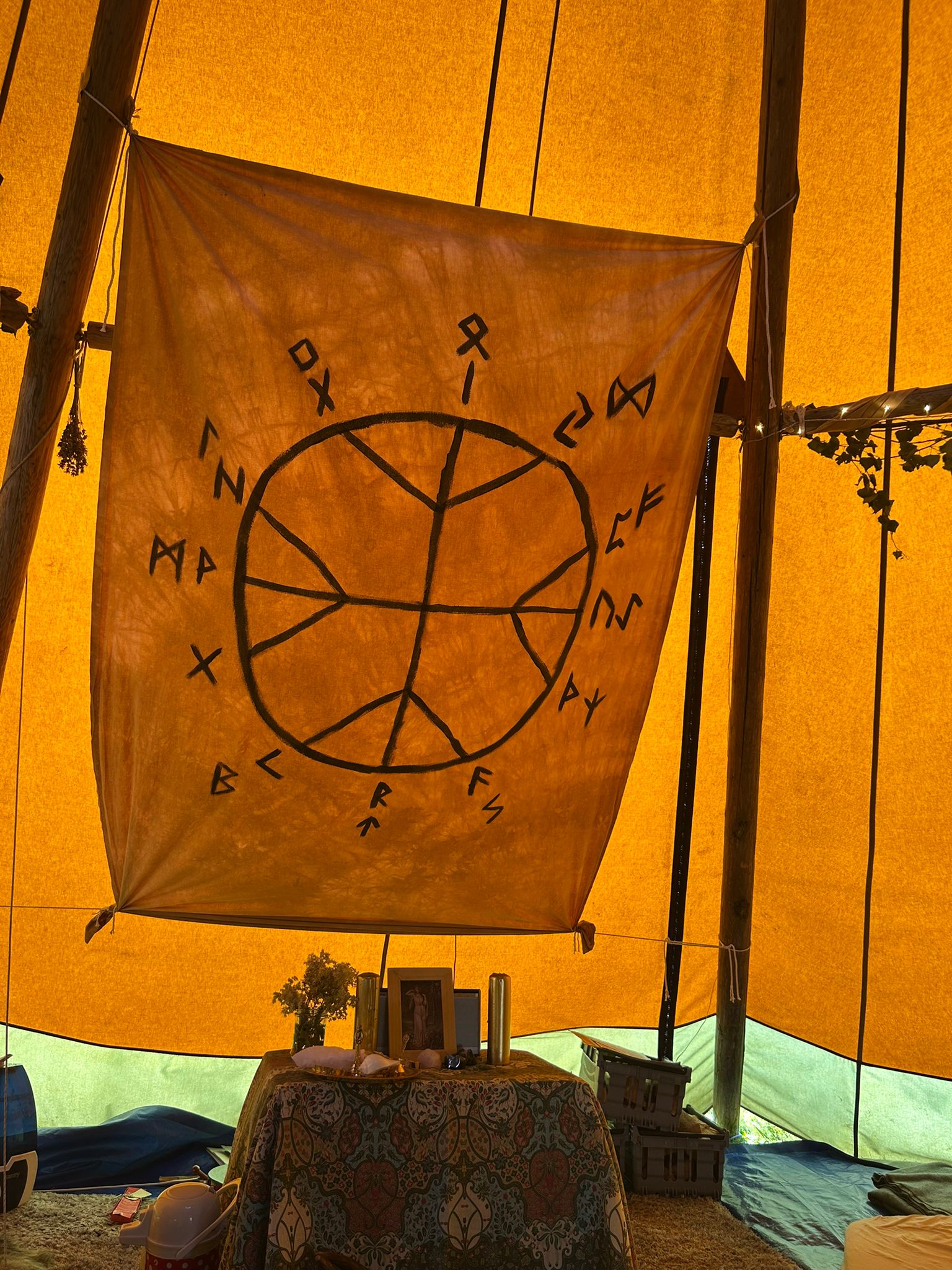 Yggdrasil rune banner inside the tipi
